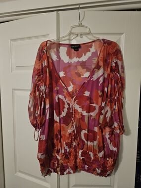 Lane Bryant Pink & Orange Floral V-Neck Button Blouse